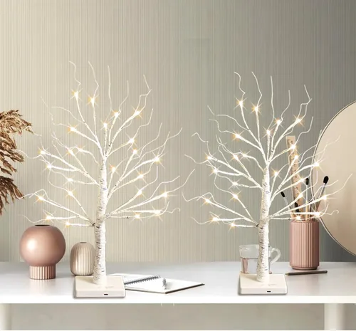 Vista 7 de Árbol de abedul blanco con luces LED, árbol de abedul iluminado para mesa, funciona con 24 luces LED USB o pilas, árbol blanco cálido, mini