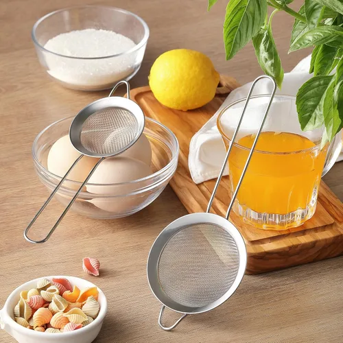 Vista 7 de Paquete de 2 coladores de malla fina, mini colador de acero inoxidable con asa para cocina, tamices de metal para colar té, matcha, cóctel, jugo