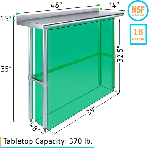 Vista 3 de Mesa de trabajo de acero inoxidable con base abierta y protector contra salpicaduras de 1.5 pulgadas, 14 x 48 pulgadas, certificado NSF, mesa