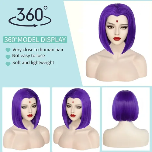 Vista 2 de Ebingoo 7 piezas de peluca corta morada estilo Bob para mujer + accesorios de disfraz + gorra de peluca, peluca corta recta morada, peluca de pelo