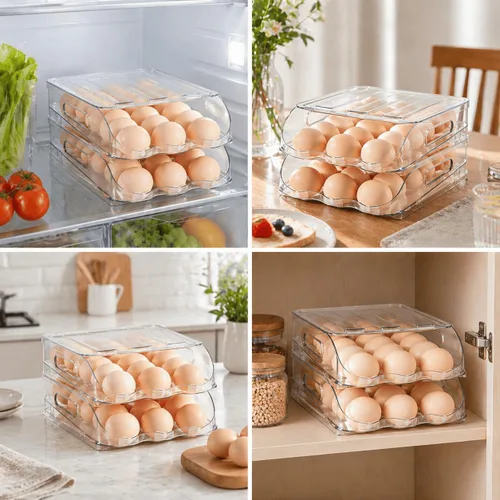 Vista 5 de SMRCAD Soporte para Huevos para Refrigerador, Dispensador de Huevos con Rodamiento Estable Automático con Parachoques de Silicona y Asa para Nevera