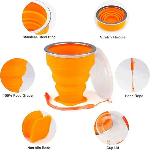 Vista 4 de Vasos plegables para viajes – Taza plegable de silicona portátil con tapa, taza plegable reutilizable para camping, senderismo y uso diario