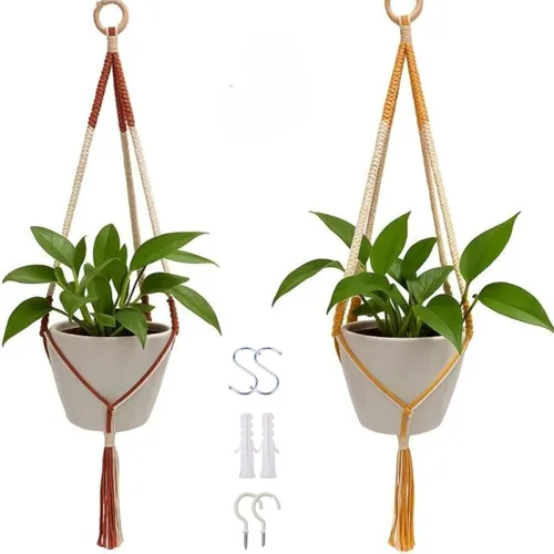 Vista 10 de Feedee Ganchos de macramé para plantas, paquete de 6, color negro, interior/exterior, algodón