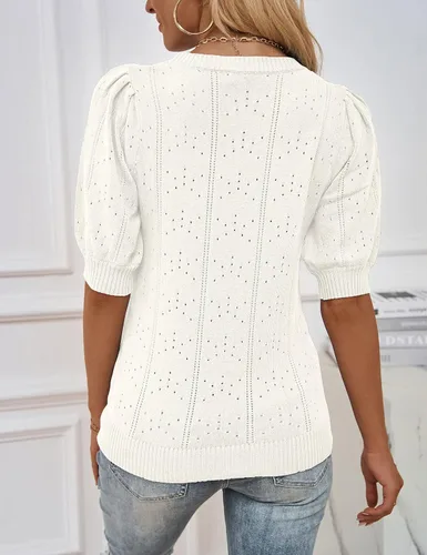 Vista 4 de MEROKEETY Suéter de manga corta abombada para mujer, cuello redondo, tejido de ganchillo, suave