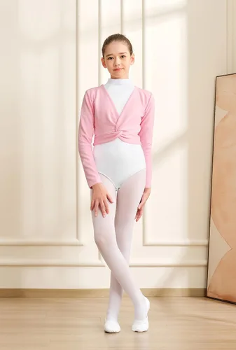 Vista 3 de Suéter cruzado de ballet para niñas, suéter de manga larga, interior de terciopelo (XW824-08-M), B-rosa(encogimiento de hombros), 5 a 6 años