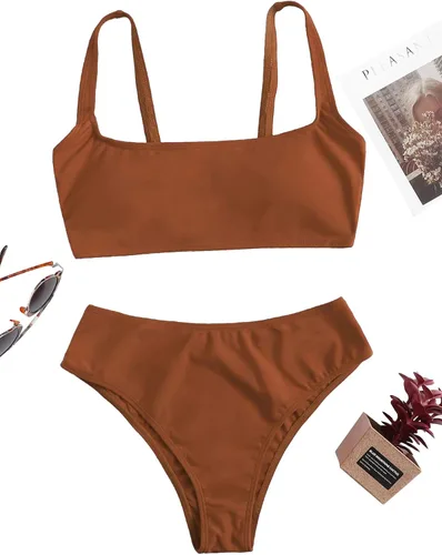 Vista 3 de SweatyRocks - Bikinis con cuello redondo y talle alto para mujer, de colores lisos