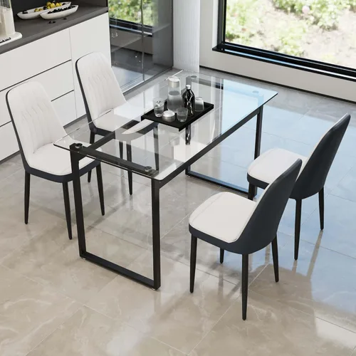 Vista 32 de Juego de mesa de comedor de cristal moderno para 4, juego de mesa de cocina rectangular, juego de mesa de comedor de 5 piezas con 1 mesa de vidrio
