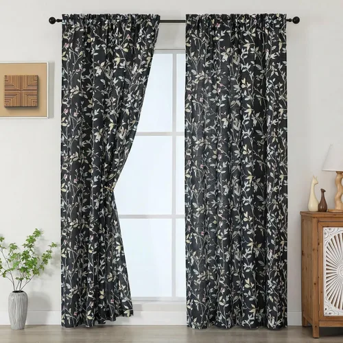Vista 34 de Chyhomenyc Cortinas de mezcla de lino de 63 pulgadas de largo, 2 paneles de cortina con estampado floral filtrante de luz para sala de estar