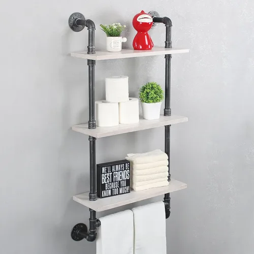 Vista 18 de MBQQ Estante de tubería industrial para baño, estantes montados en la pared, estante de madera rústica de 19.6 pulgadas con toallero, toallero