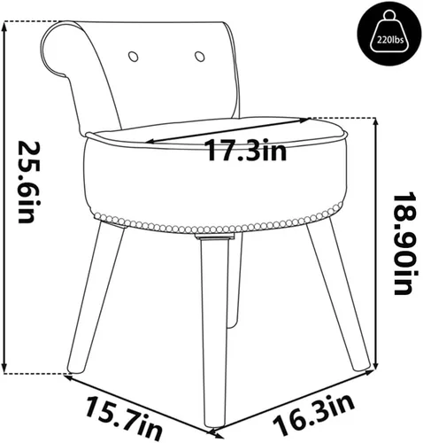 Vista 2 de Silla de tocador de terciopelo negro con respaldo pequeño, taburete de maquillaje, sillas acentuadas con botones sin ruedas, taburete de tocador