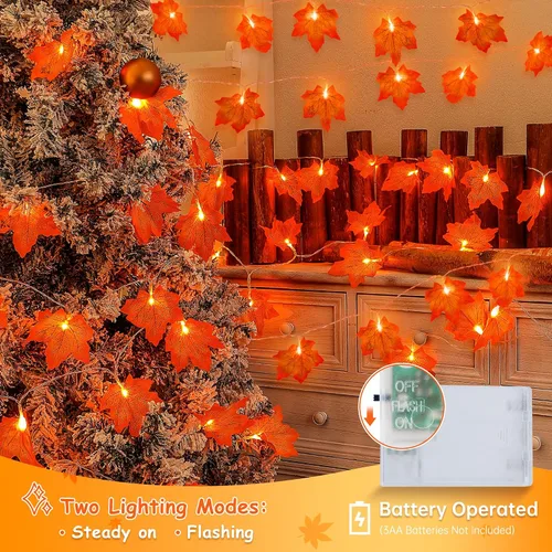 Vista 4 de Paquete de 2 decoraciones de otoño para el hogar, luces de otoño que funcionan con pilas, total de 20 pies, 40 luces LED de hoja de arce con cadena