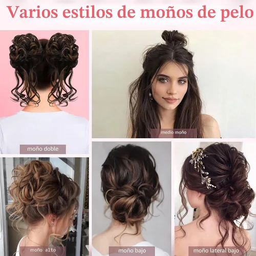 Vista 4 de HOOJIH 2 piezas de extensiones de cabello estilo moño despeinado, extensiones de cabello rizado y ondulado con tiras, cola de caballo, horquillas