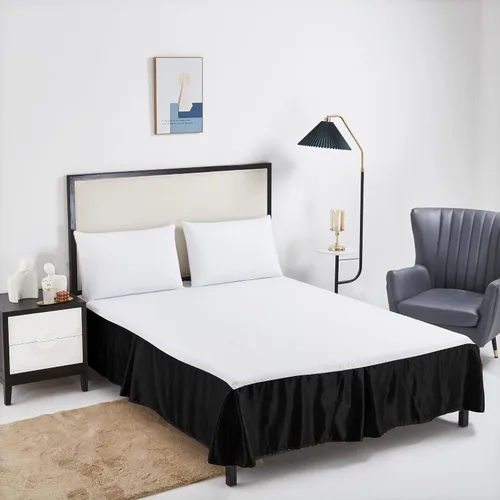Vista 2 de Tache - Falda de cama de satén sedoso y lustroso con plataforma glamorosa con volantes y plataforma, color negro, tamaño Queen