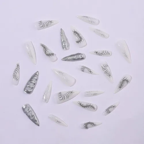 Vista 3 de MISUD Uñas a presión largas Stiletto con pegamento de plata cromada, diseño de cadena gótica Y2K acrílica 24 piezas
