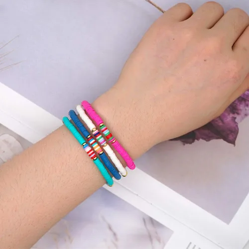 Vista 2 de CASDAN 14 pulseras Heishi para mujer con cuentas de disco de vinilo arco iris Srting Stack pulsera surfista cuerda elástica pulseras verano playa