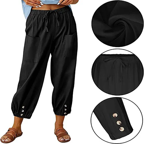 Vista 6 de ZQFFB Capri Pants for Women Casual Summer Linen Capris Elastic Waist Crop Pants with Drawstring