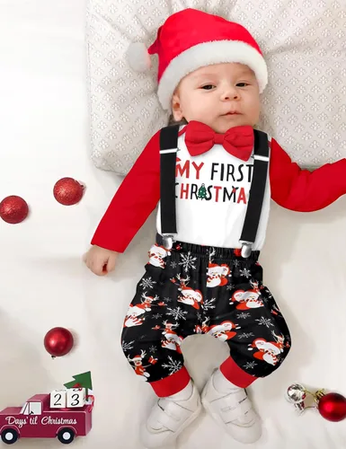 Vista 2 de WIQI Baby Boy Christmas Outfit 4PCS Newborn Romper Xmas Suspender Pants Santa Hat My First Christmas Baby Boy Outfits