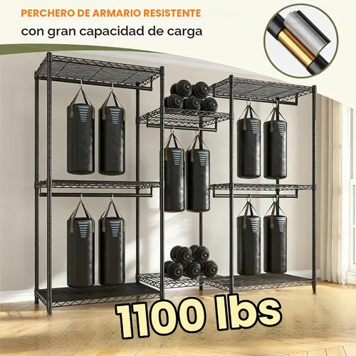 Vista 6 de Raybee Perchero de ropa con cubierta, perchereros para colgar ropa resistente, armario portátil con estantes, ajustable, carga de 905 LBS, negro