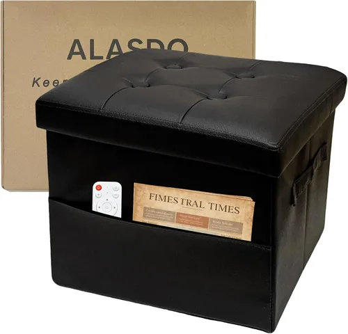 Vista 9 de ALASDO Reposapiés otomano de almacenamiento, otomano pequeño con almacenamiento, otomano plegable, reposapiés, banco para sala de estar, 17 x 13 x