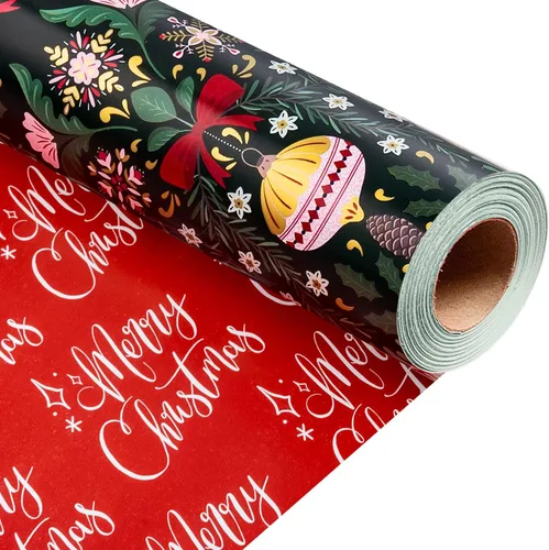 Vista 21 de Homeral Rollo de papel de regalo de Navidad de dinosaurio para niños, dinosaurio negro fresco con decoraciones y letras rojas, envoltura de regalo