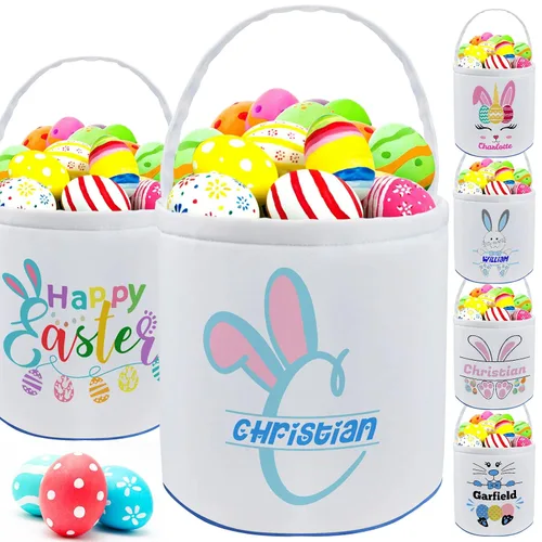 Vista 28 de Cesta de Pascua personalizada con nombre para niñas, niños y niños, cesta de Pascua personalizada bolsas de regalo para caza de huevos de Pascua