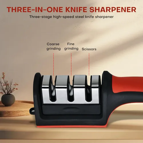 Vista 4 de Afilador de cuchillos de cocina, afilador manual de 3 etapas para cuchillos y tijeras, diseño ergonómico seguro, abrasivos inoxidables para cocinar