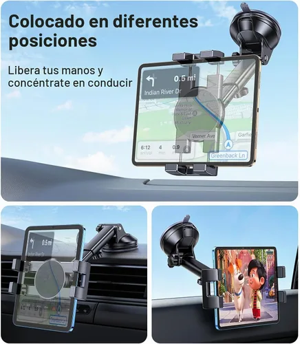 Vista 3 de Soporte para tablet para coche, soporte para iPad para coche【Parabrisas+Salpicadero】Ventosa para iPad para camión Soporte【360° 】Soporte para tablet