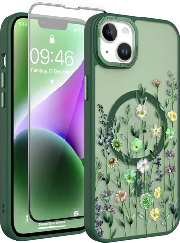 Vista 124 de Magnético para iPhone 13 con protector de pantalla [Compatible con MagSafe] Diseño de patrón floral de flores bonitas, funda delgada a prueba
