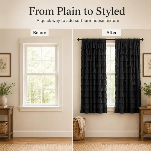 Vista 5 de Cortinas negras con volantes, 2 paneles, paneles de ventana con volantes de 12 capas, cortinas de estilo rústico para dormitorio, baño, bolsillo