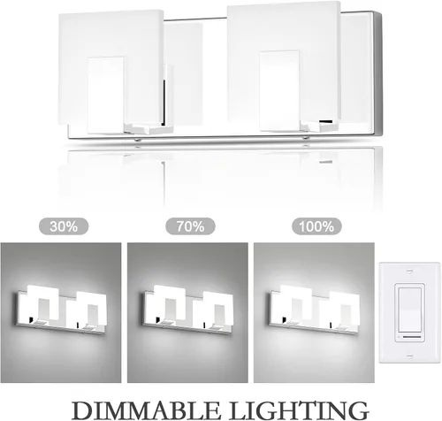 Vista 2 de Aipsun 2 luces regulables modernas LED de tocador para baño, acrílico blanco esmerilado, cromado arriba y abajo, lámparas de pared sobre espejo