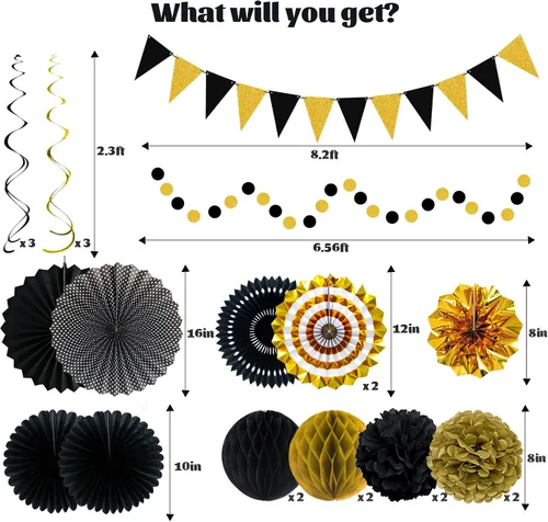 Vista 2 de 24 decoraciones de fiesta negras y doradas, abanicos de papel, guirnaldas de pompones de panal, suministros colgantes reutilizables para graduación