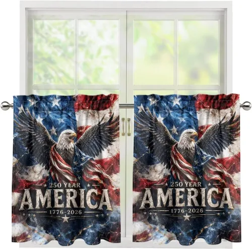 Vista 23 de God Bssing You Tier Curtains for July 4Th 2026 27.5x24 2 Panels Light Filtering Half Window Rod Pocket for Kitchen/Bathroom