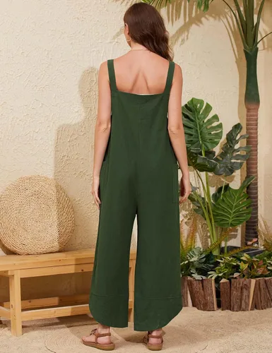 Vista 7 de Gihuo Overol de algodón y lino para mujer, holgado, sin mangas, con pechera, pantalones de pierna ancha con bolsillos