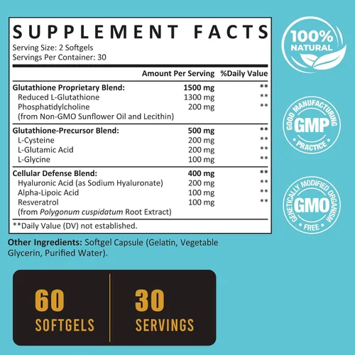 Vista 2 de Zeylamum Cápsulas blandas de glutatión liposomal de 2400 MG, absorción máxima, forma activa reducida de L-glutatión (GSH), con ácido hialurónico