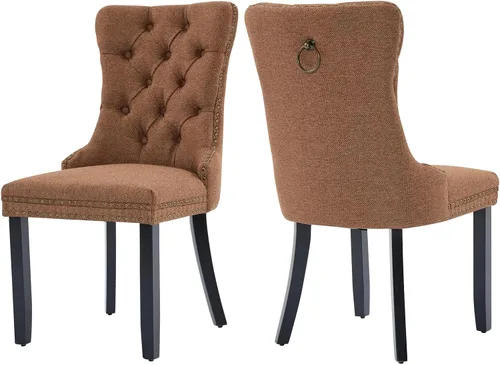 Vista 29 de Juego de 2 sillas de comedor de terciopelo, silla de comedor tapizada de alta gama con tirador de anillo en la espalda, adorno de clavos y patas