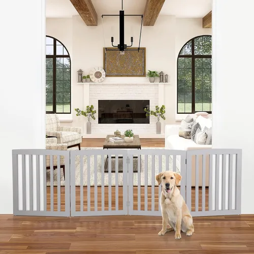 Vista 8 de Puerta para perros para mascotas, para interiores, para escaleras, puertas, 82 x 24 pulgadas, 4 paneles, valla para perros, extra ancha, de madera
