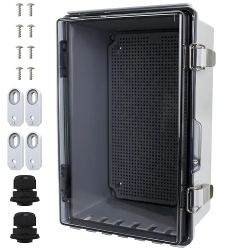 Vista 23 de MAKERELE Caja eléctrica impermeable pequeña al aire libre IP67 ABS caja de plástico con placa de montaje, cubierta gris con bisagras, soporte
