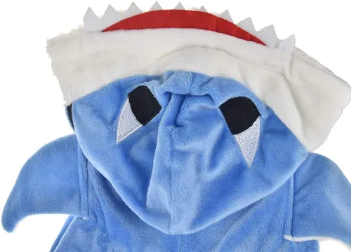 Vista 6 de Disfraz de tiburón para perro de Halloween para perro grande, chaqueta de forro polar de invierno, abrigo con capucha, ropa divertida para perro Azul
