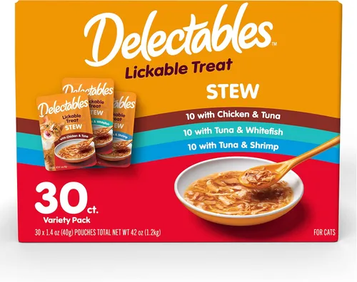 Vista 10 de Hartz Delectables Golosinas húmedas para lamer de estofado para gatos adultos y mayores, pollo y atún, 1.4 onzas (paquete de 12)