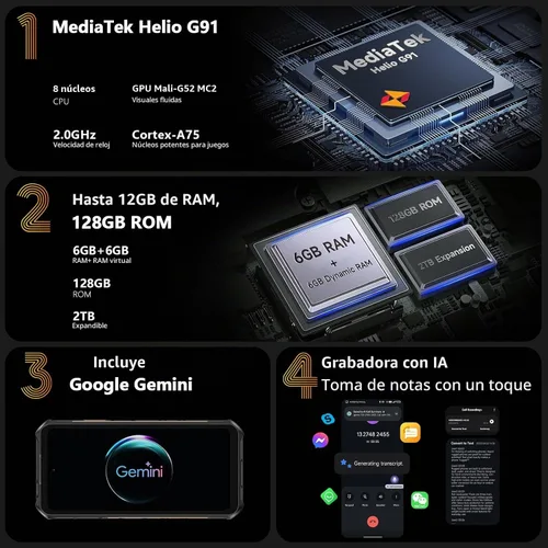 Vista 2 de Ulefone Armor X16 - Teléfono inteligente resistente, sistema operativo Android 15, 10360mAh/33W, 12+128GB/2TB, cámara de 48MP+20MP+2MP+16MP, 6.56