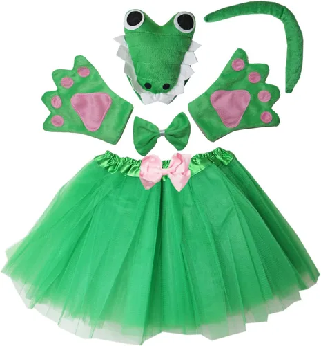 Vista 2 de Kirei Sui Disfraz de animal para niños, diseño de cocodrilo, tutú verde, diadema, pajarita, cola y patas
