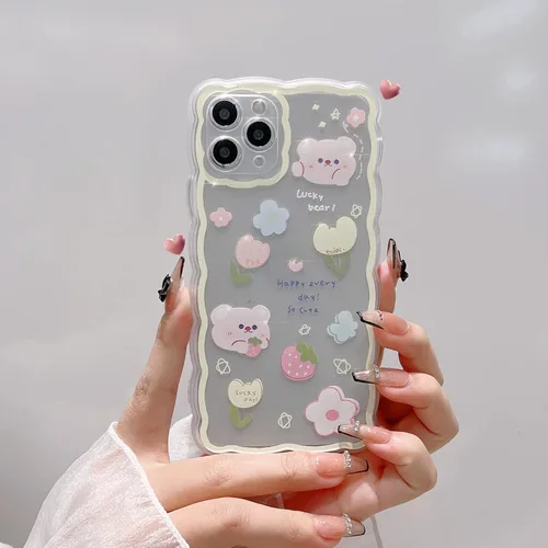 Vista 2 de Funda compatible con iPhone 11 Pro Max, bonito diseño de caricaturas florales de oso de fresa para mujeres y niñas, funda estética kawaii delgada