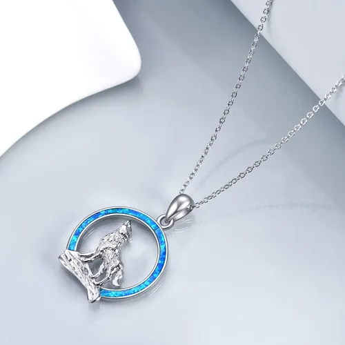 Vista 2 de YFN Collar de lobo para hombres y mujeres, plata de ley, ópalo luna, lobo joyería de cumpleaños para amantes del lobo de 18 + 2 pulgadas, Plata