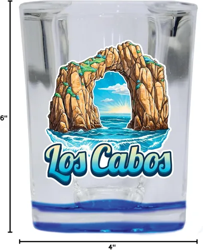 Vista 3 de Los Cabos Mexico Design C Souvenir - Vaso de chupito cuadrado de 2.5 onzas, base azul, individual