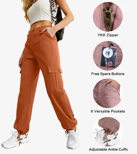 Vista 2 de Lepunuo Pantalones cargo de cintura alta para mujer, pantalones de viaje Y2K Streetwear holgados elásticos con 6 bolsillos con cordón en los tobillos