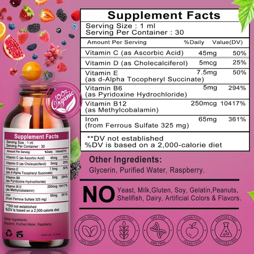 Vista 7 de Suplemento de hierro para mujeres con vitamina C, suplemento líquido 6 en 1 con vitamina B12, vitamina B6, gotas de hierro líquido de alta absorción