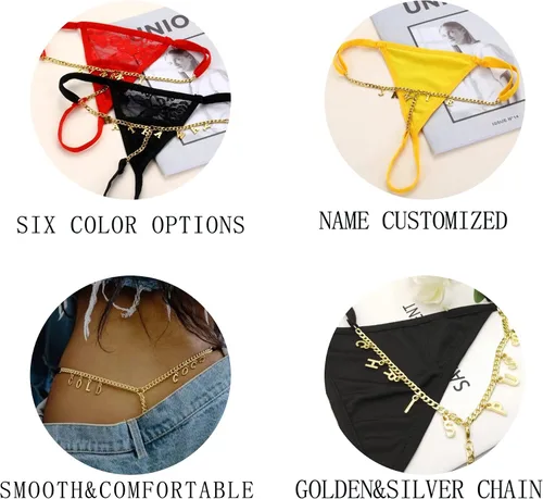 Vista 5 de Artsadd Tanga de cadena de cintura de encaje sexy personalizada para mujer, joyería con nombre personalizado, tanga de cadena plateada, regalo