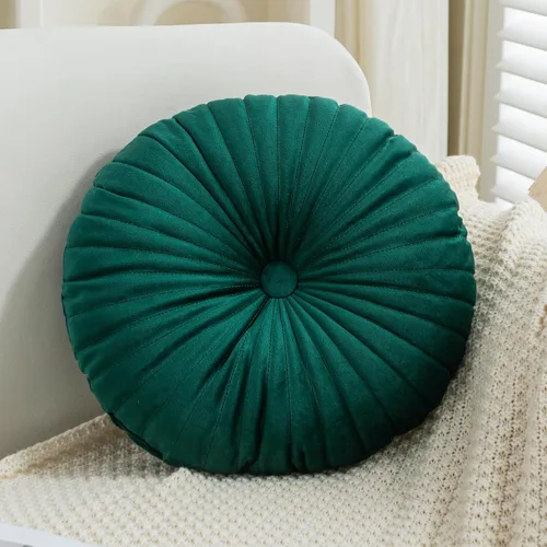 Vista 7 de Teieas - Almohada redonda de terciopelo plisada para decoración, cojín redondo para sofá, silla, cama, coche, burdeos