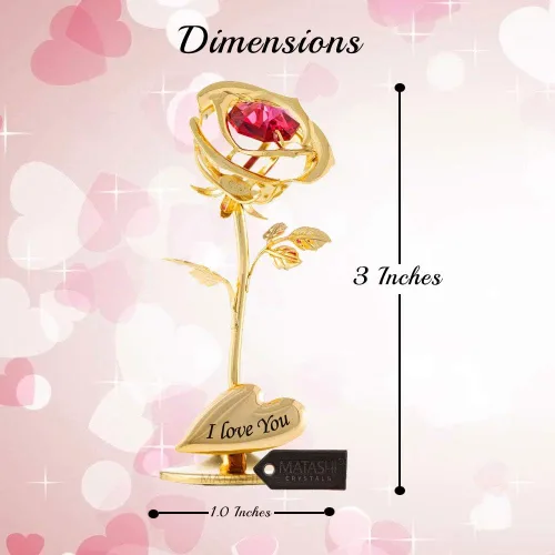 Vista 3 de Matashi I Love You Rose Flower - Adorno de mesa chapado en oro de 24 quilates con cristales rojos Arreglo floral de metal Cumpleaños, regalos