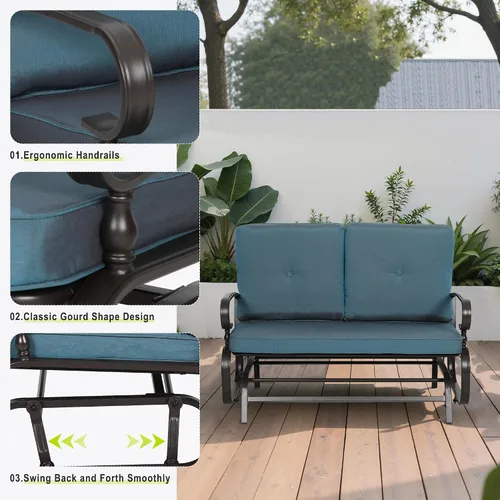 Vista 8 de Banco al aire libre para patio, mecedora de 2 asientos, mecedora de hierro forjado para patio exterior con cojín (azul)